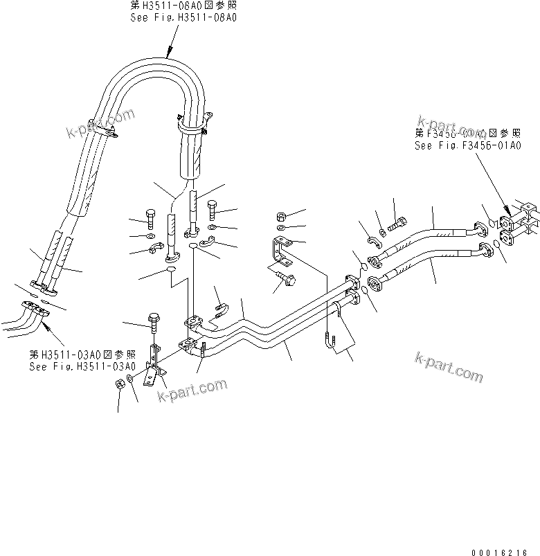 Komatsu parts book diagram for HM300-1 S/N 1001-UP: BRAKE COOLING PIPING (BRAKE LINE ? REAR FRAME SIDE ? 1/2)(#1001-1021)