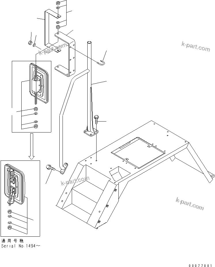 Komatsu parts book diagram for HM300-1 S/N 1001-UP: FENDER SUB ASS'Y (R.H.) (SIDE MIRROR AND HAND RAIL)(#1173-1556)