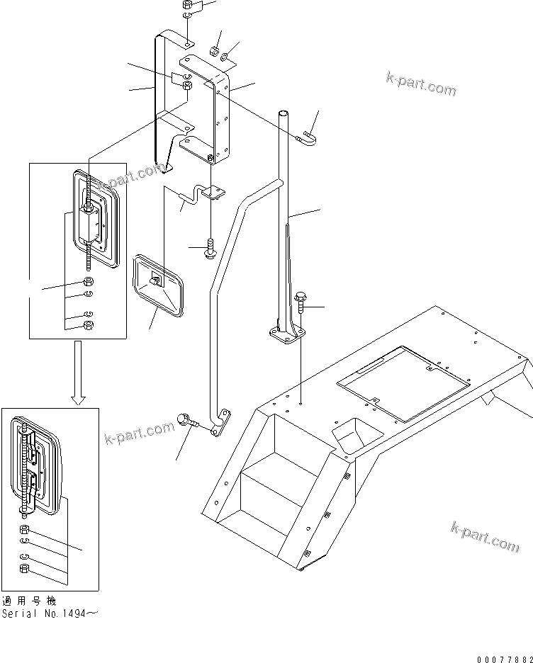 Komatsu parts book diagram for HM300-1 S/N 1001-UP: FENDER SUB ASS'Y (R.H.) (SIDE MIRROR AND HAND RAIL) (WITH ADDITIONAL SIDE MIRROR)(#1173-1586)