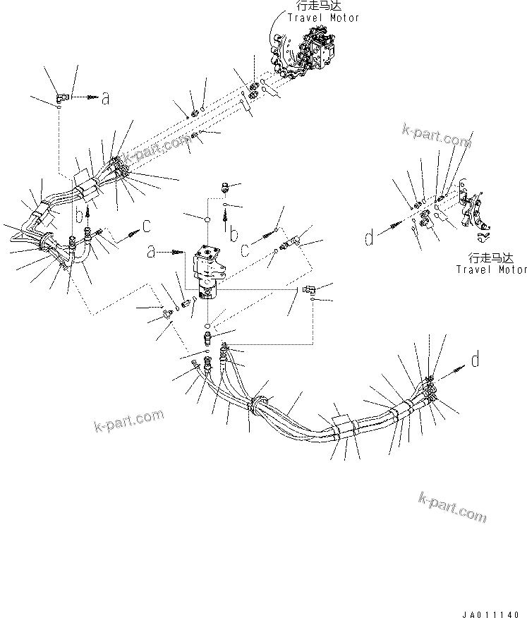 Komatsu parts book diagram for PC70-8 S/N DBBT0001~-up: LOWER HYDRAULIC PIPING (TRAVEL PIPING) (BLADE SPEC.)