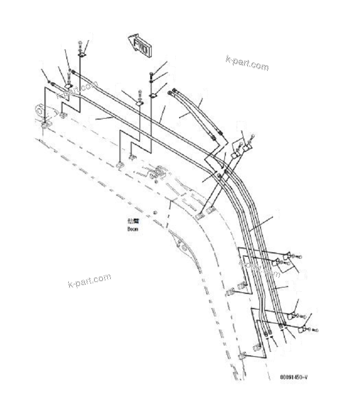Komatsu parts book diagram for PC70-8 S/N DBBT0001~-up: BOOM (ARM AND BUCKET CYLINDER PIPING) (PROVISION FOR 1-ADDITIONAL ACTUATOR PIPING)