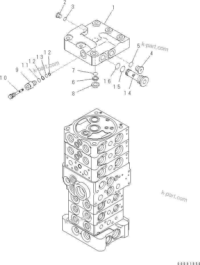 Komatsu parts book diagram for PC70-8 S/N DBBT0001~-up: MAIN VALVE (6-VALVE) (1/16) (WITHOUT BLADE)