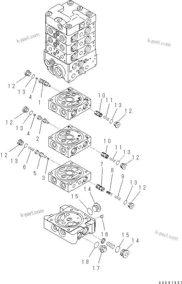 Komatsu parts book diagram for PC70-8 S/N DBBT0001~-up: MAIN VALVE (6-VALVE) (9/16) (WITHOUT BLADE)