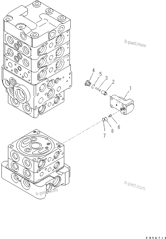 Komatsu parts book diagram for PC70-8 S/N DBBT0001~-up: MAIN VALVE (6-VALVE) (16/16) (WITHOUT BLADE)