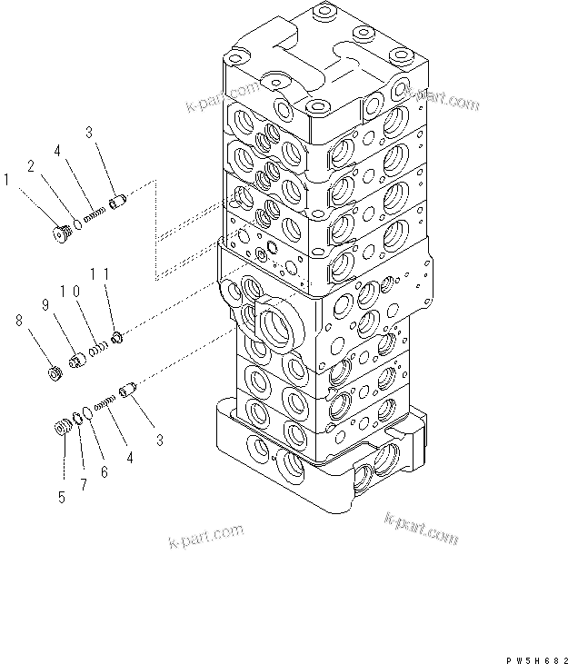 Komatsu parts book diagram for PC70-8 S/N DBBT0001~-up: MAIN VALVE (7-VALVE) (4/18) (ATTACHMENT AND WITHOUT BLADE)