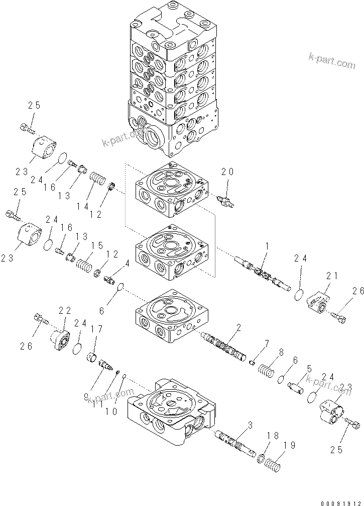 Komatsu parts book diagram for PC70-8 S/N DBBT0001~-up: MAIN VALVE (7-VALVE) (8/18) (ATTACHMENT AND WITHOUT BLADE)