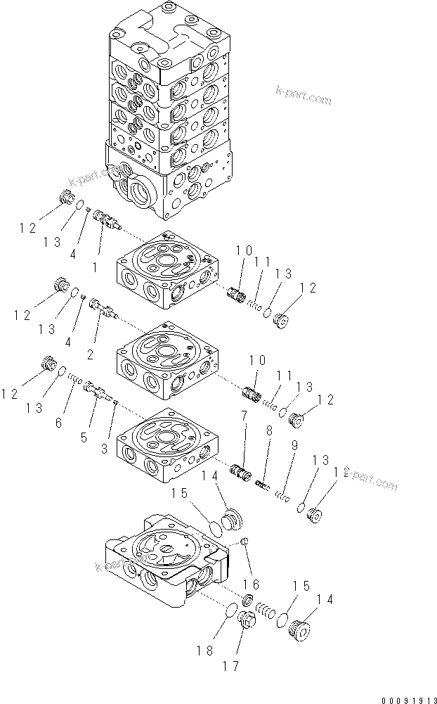 Komatsu parts book diagram for PC70-8 S/N DBBT0001~-up: MAIN VALVE (7-VALVE) (9/18) (ATTACHMENT AND WITHOUT BLADE)