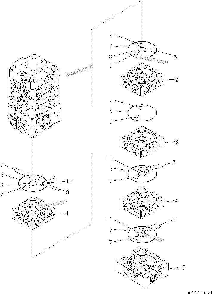 Komatsu parts book diagram for PC70-8 S/N DBBT0001~-up: MAIN VALVE (7-VALVE) (7/18) (WITH BLADE)