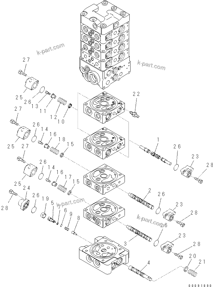 Komatsu parts book diagram for PC70-8 S/N DBBT0001~-up: MAIN VALVE (8-VALVE) (8/20) (ATTACHMENT AND WITH BLADE)