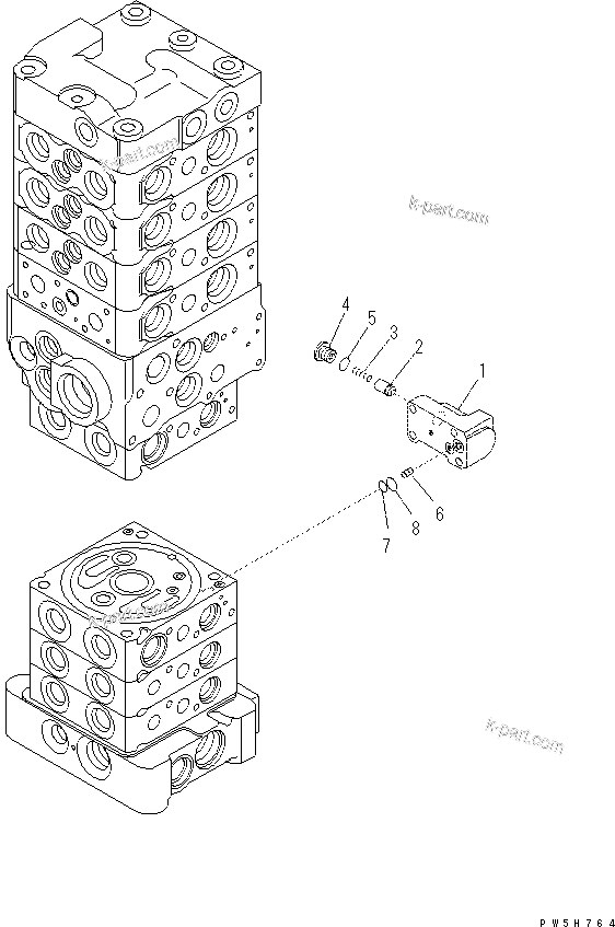 Komatsu parts book diagram for PC70-8 S/N DBBT0001~-up: MAIN VALVE (8-VALVE) (18/20) (ATTACHMENT AND WITH BLADE)