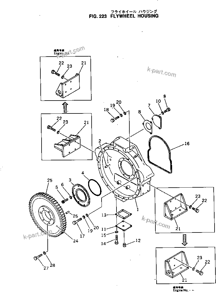 Komatsu parts book diagram for KT-1150-1A S/N 101153-UP: FLYWHEEL HOUSING