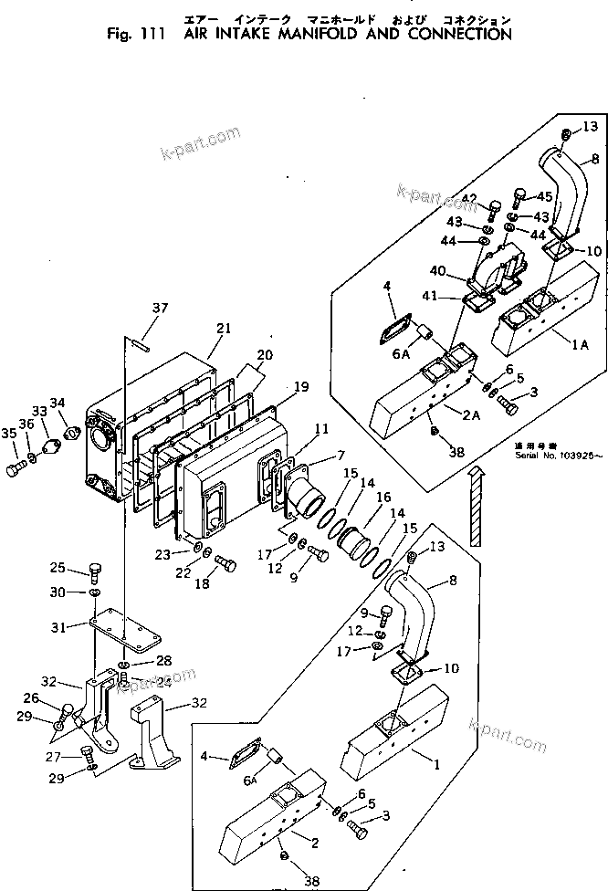 Komatsu parts book diagram for KT-2300-1 S/N 103559-UP: AIR INTAKE MANIFOLD AND CONNECTION