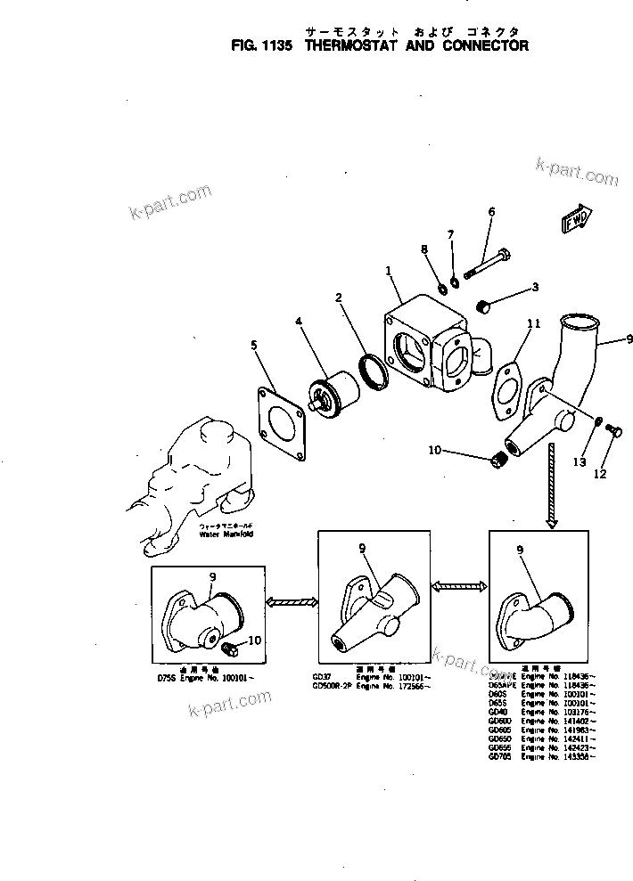 Komatsu parts book diagram for NH-220-CI-2KK S/N 174428-UP: THERMOSTAT AND CONNECTOR