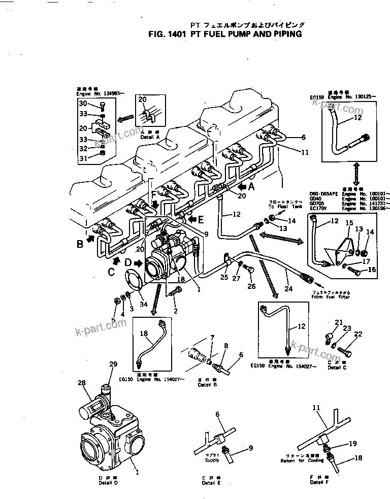 Komatsu parts book diagram for NH-220-CI-2V S/N 141402-UP: PT FUEL PUMP AND PIPING