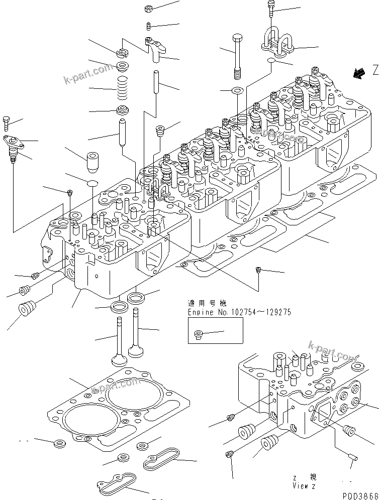 Komatsu parts book diagram for NTA-855-1A S/N 102754-UP: CYLINDER HEAD