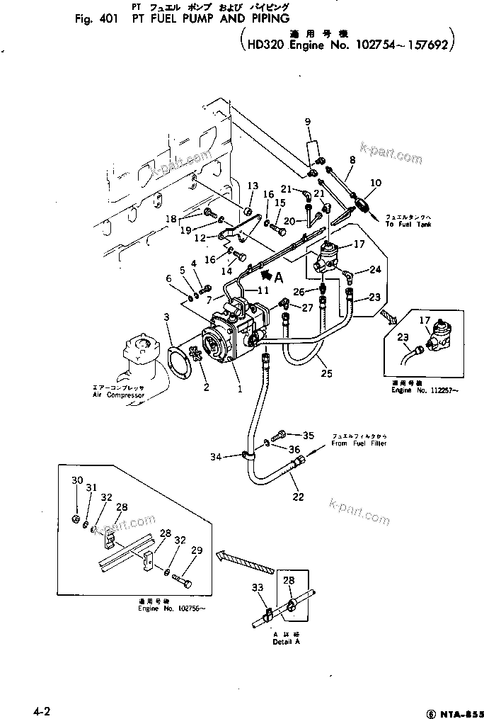 Komatsu parts book diagram for NTA-855-1A S/N 102754-UP: PT FUEL PUMP AND PIPING(#102754-157692)