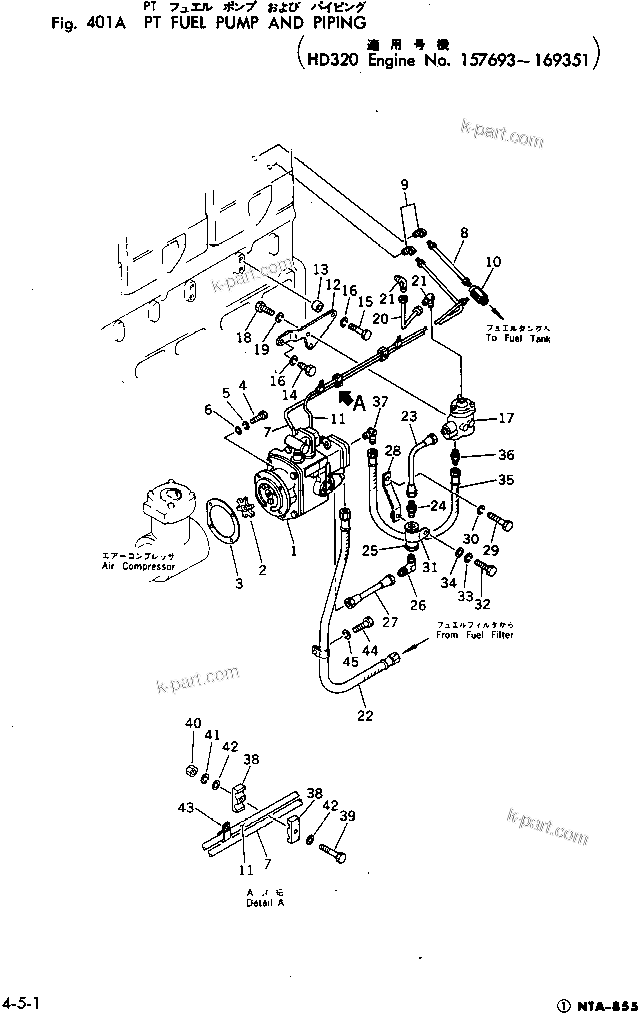 Komatsu parts book diagram for NTA-855-1A S/N 102754-UP: PT FUEL PUMP AND PIPING(#157693-169351)