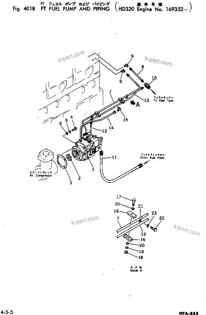 Komatsu parts book diagram for NTA-855-1A S/N 102754-UP: PT FUEL PUMP AND PIPING(#169352-)
