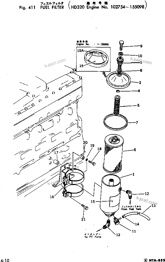 Komatsu parts book diagram for NTA-855-1A S/N 102754-UP: FUEL FILTER(#102754-155098)