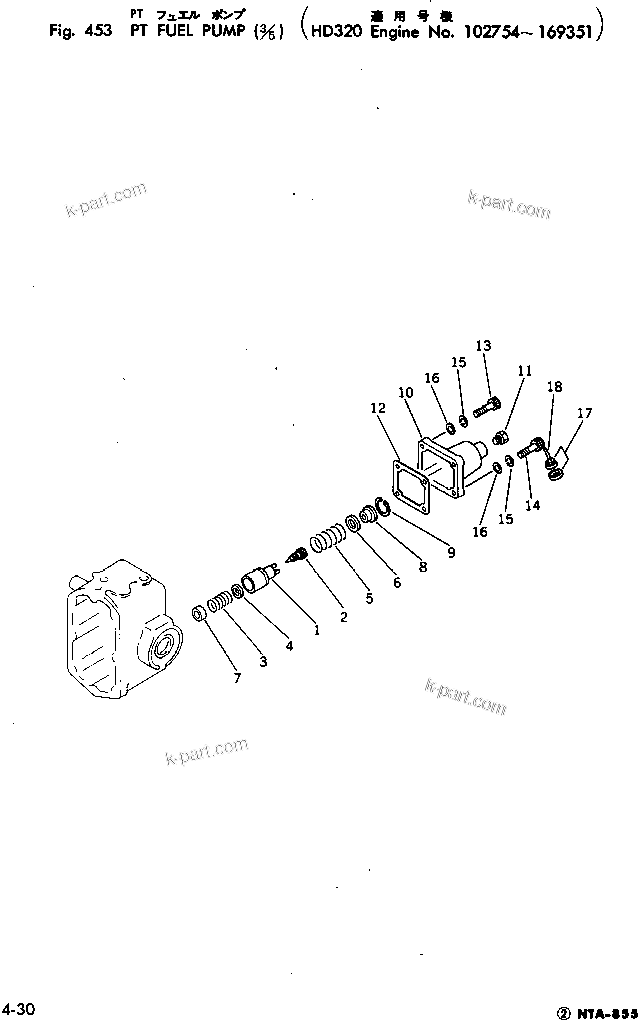 Komatsu parts book diagram for NTA-855-1A S/N 102754-UP: PT FUEL PUMP (3/5)(#102754-169351)