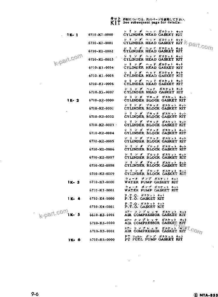 Komatsu parts book diagram for NTA-855-1A S/N 102754-UP: GASKET KIT