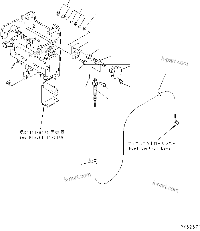 Komatsu parts book diagram for PC03-2 S/N 15001-UP: MAIN CONTROL (FUEL CONTROL CABLE) (5/5) (FOR TWO PIECE BOOM)