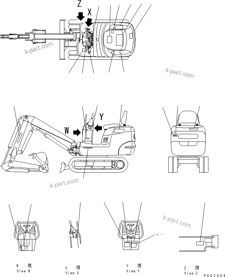 Komatsu parts book diagram for PC03-2 S/N 15001-UP: MARKS AND PLATES (FOR TWO PIECE BOOM)