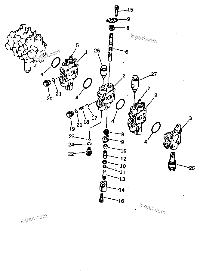 Komatsu parts book diagram for PC07-2 S/N 3001-UP: HYDRAULIC CONTROL VALVE (6-SPOOL) (2/3) (INNER PARTS)(#3001-5460)