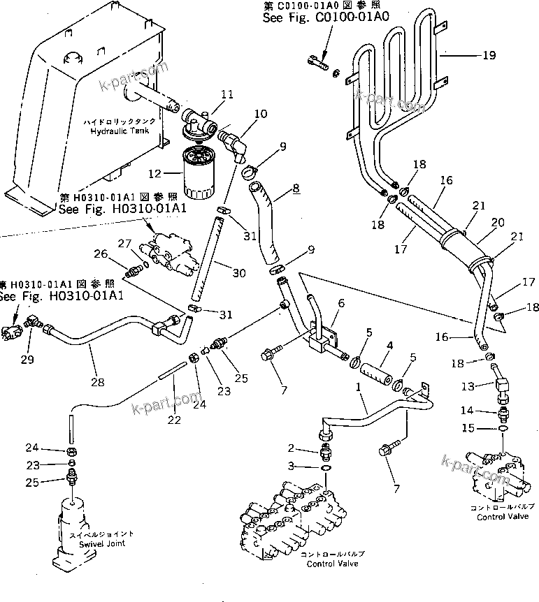Komatsu parts book diagram for PC07-2 S/N 3001-UP: HYDRAULIC PIPING  (RETURN AND DRAIN LINE) (FOR ATTACHMENT)(#3001-5460)