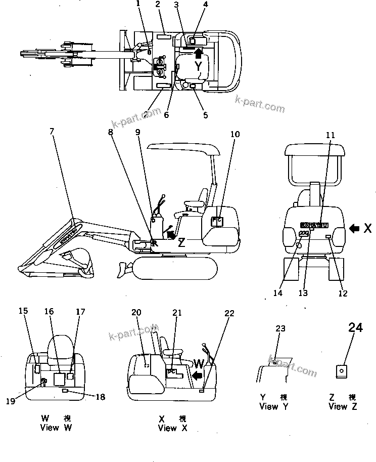 Komatsu parts book diagram for PC07-2 S/N 3001-UP: MARKS AND PLATES (JIS PATTERN) (JAPANESE)(#3001-4372)