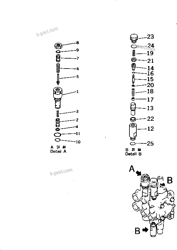 Komatsu parts book diagram for PC10-7 S/N 25001-UP: HYDRAULIC CONTROL VALVE (2-SPOOL)(2/2)(#27777-)