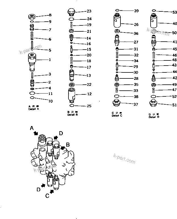 Komatsu parts book diagram for PC10-7 S/N 25001-UP: HYDRAULIC CONTROL VALVE (3-SPOOL) (2/2) (FOR ROWER TILT          MECHANICAL ANGLE BLADE)