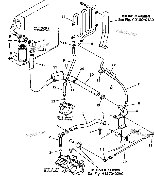 Komatsu parts book diagram for PC10-7 S/N 25001-UP: HYDRAULIC PIPING (OIL COOLER AND RETURN LINE) (FOR ATTACHMENT    PIPING)(#25001-27776)