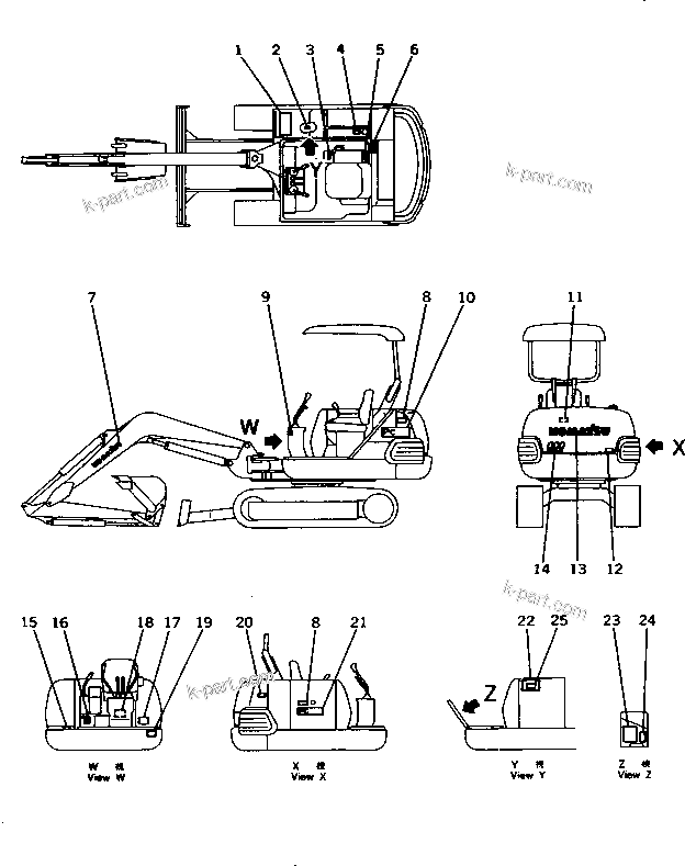 Komatsu parts book diagram for PC10-7 S/N 25001-UP: MARKS AND PLATES (2-WAY QUICK SHIFTER) (JAPANESE) (FOR CANOPY)(#26599-)