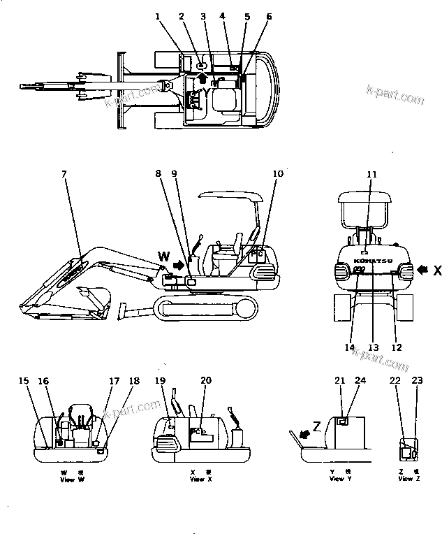 Komatsu parts book diagram for PC10-7 S/N 25001-UP: MARKS AND PLATES (JIS PATTERN) (JAPANESE) (FOR CANOPY)(#25001-26598)
