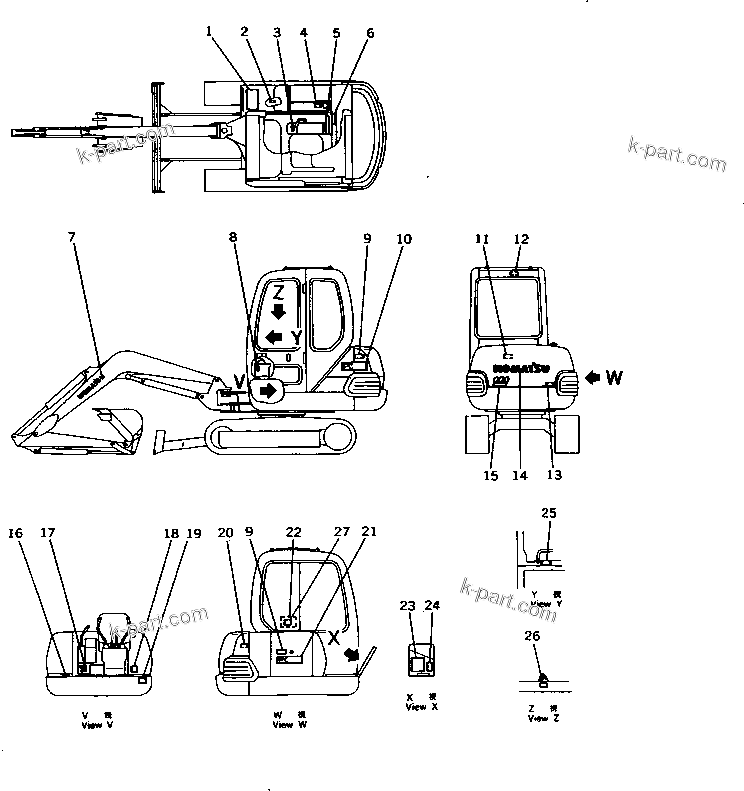Komatsu parts book diagram for PC10-7 S/N 25001-UP: MARKS AND PLATES (JIS PATTERN) (JAPANESE) (FOR CAB)(#26599-)