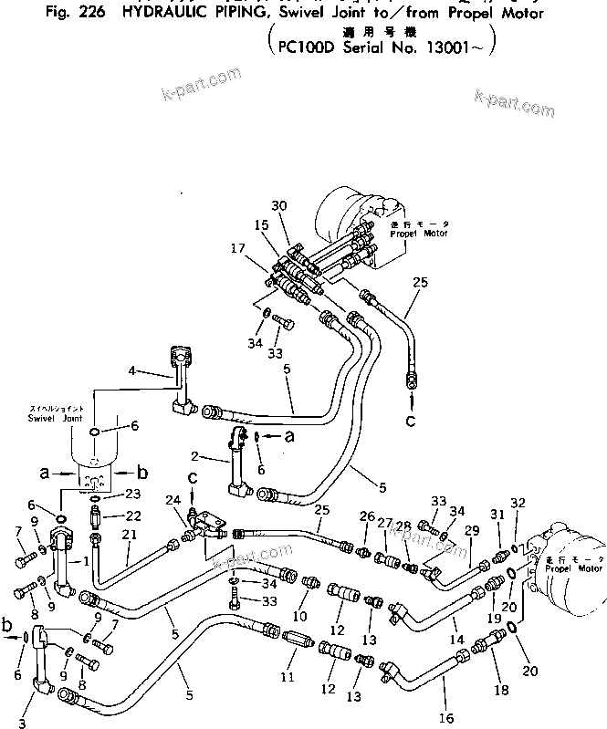 Komatsu parts book diagram for PC100-2 S/N 13001-UP: HYDRAULIC PIPING ? SWIVEL JOINT T/F PROPEL MOTOR (PC100D)