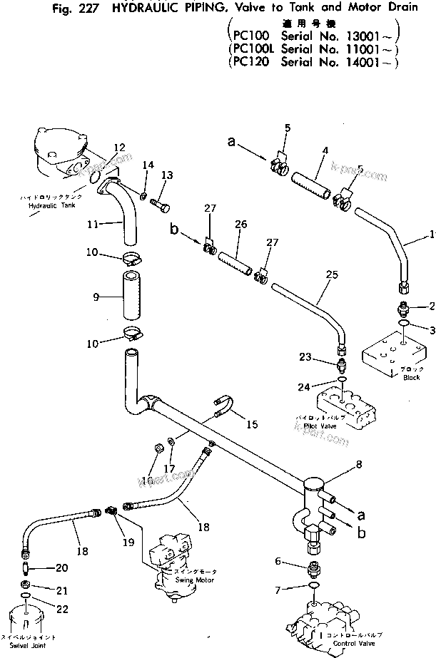 Komatsu parts book diagram for PC100-2 S/N 13001-UP: HYDRAULIC PIPING ? VALVE TO TANK AND MOTOR DRAIN (PC100)