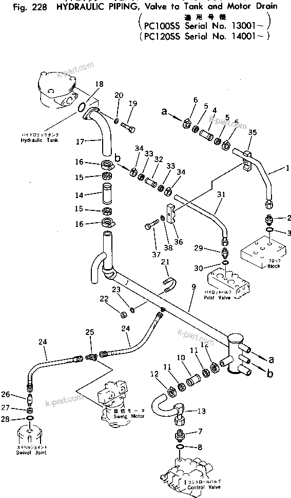 Komatsu parts book diagram for PC100-2 S/N 13001-UP: HYDRAULIC PIPING ? VALVE TO TANK AND MOTOR DRAIN (PC100SS)