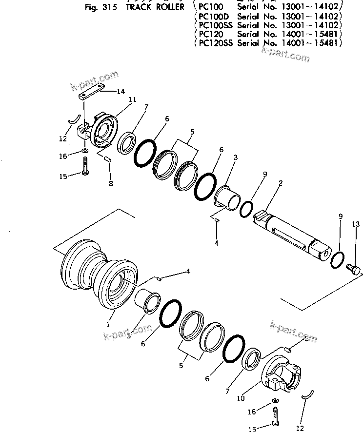 Komatsu parts book diagram for PC100-2 S/N 13001-UP: TRACK ROLLER(#13001-14102)