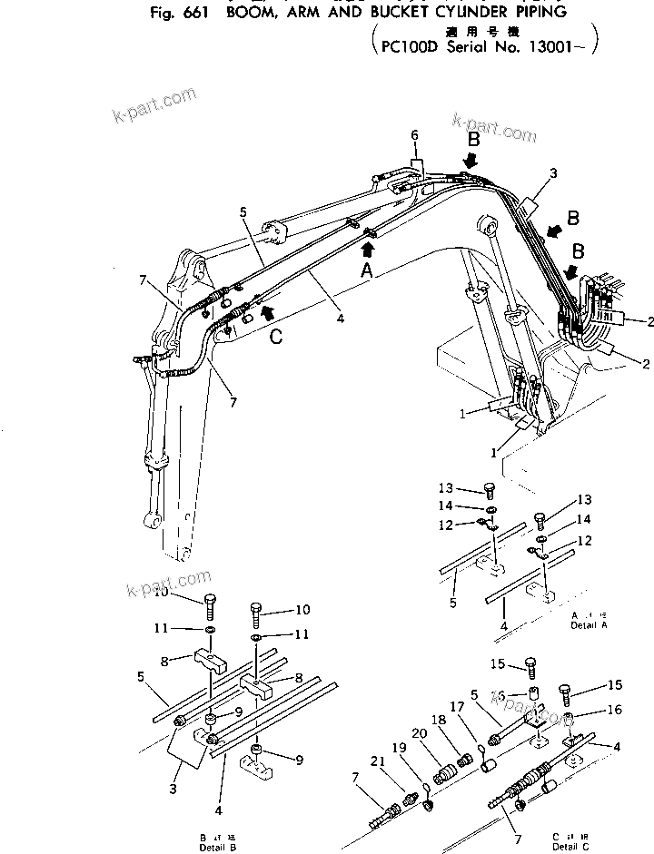 Komatsu parts book diagram for PC100-2 S/N 13001-UP: HYDRAULIC PIPING (BOOM ? ARM AND BUCKET CYLINDER) (PC100D)