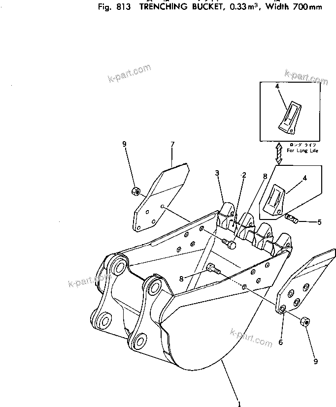 Komatsu parts book diagram for PC100-2 S/N 13001-UP: TRENCHING BUCKET ? 0.33M3 ? WIDTH 700MM