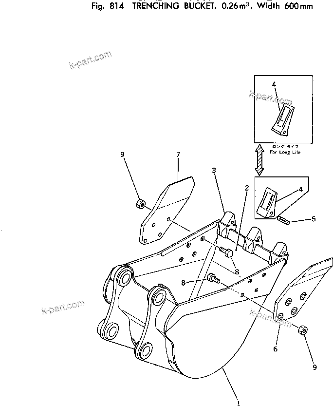 Komatsu parts book diagram for PC100-2 S/N 13001-UP: TRENCHING BUCKET ? 0.26M3 ? WIDTH 600MM