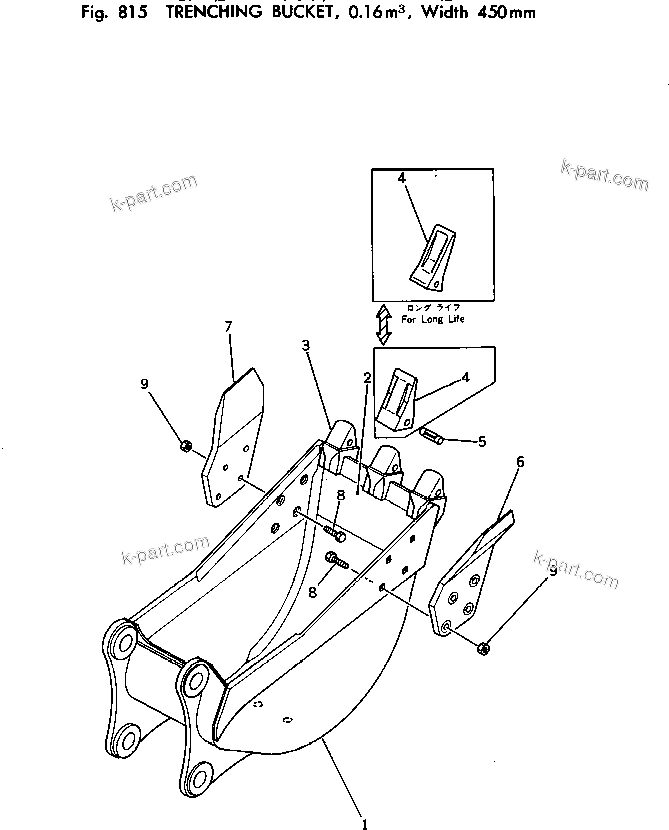 Komatsu parts book diagram for PC100-2 S/N 13001-UP: TRENCHING BUCKET ? 0.16M3 ? WIDTH 450MM