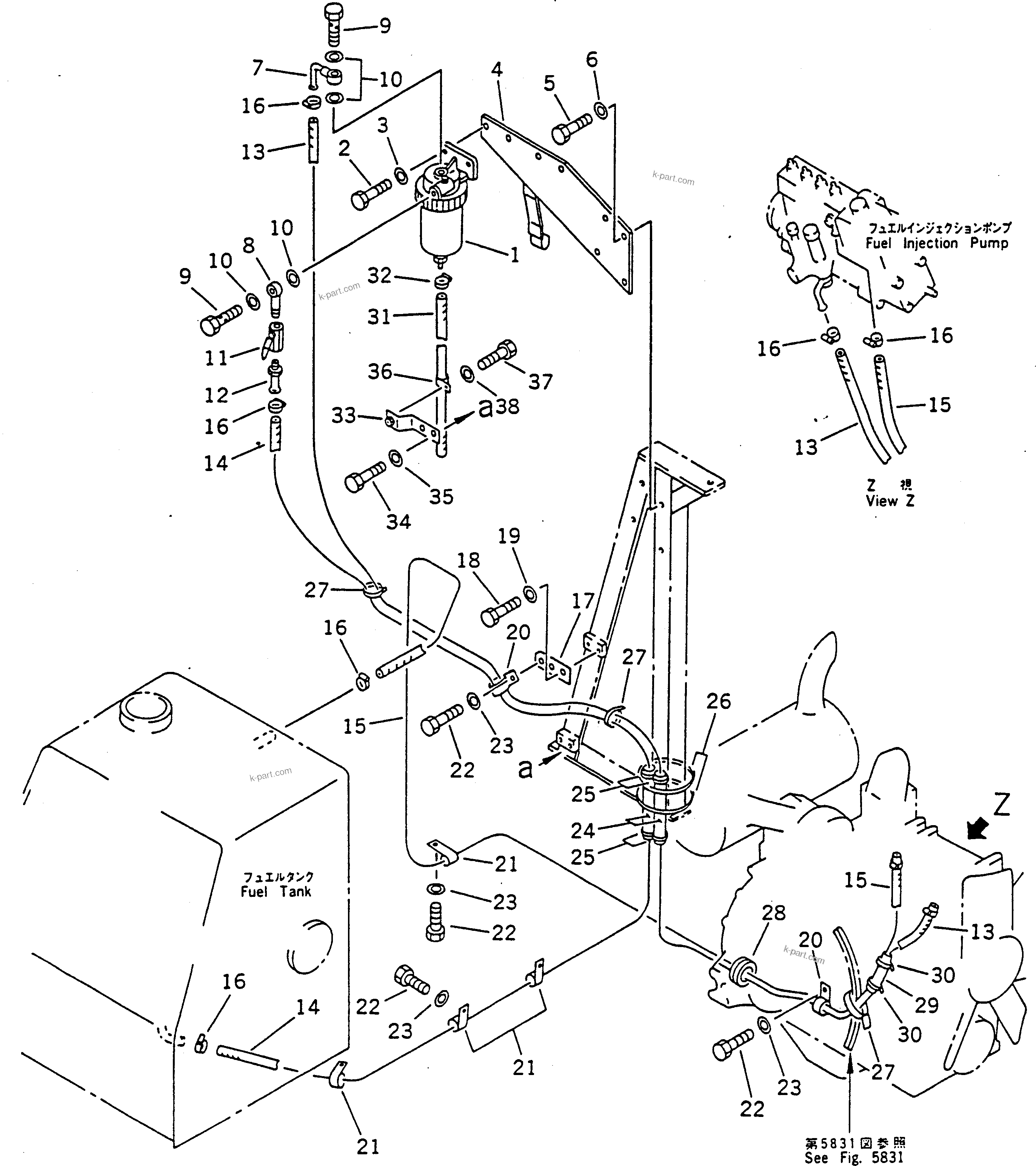 Komatsu parts book diagram for PC100-5 S/N 28001-UP: FUEL PIPING (WITH WATER SEPARATOR) (EXCEPT JAPAN)