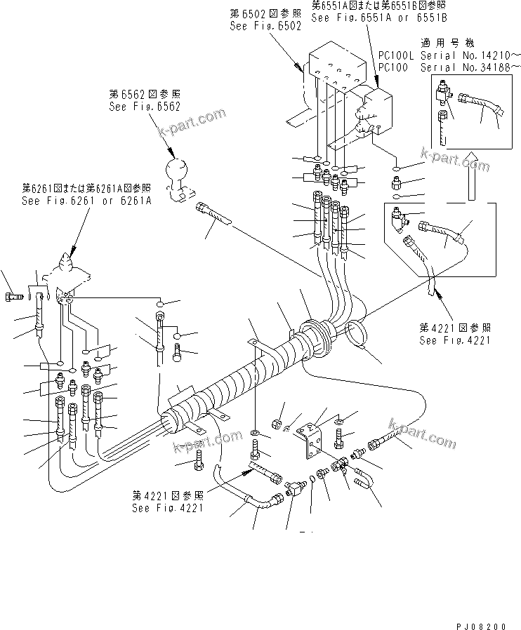 Komatsu parts book diagram for PC100-5 S/N 28001-UP: HYDRAULIC PIPING (WORK EQUIPMENT CONTROL ? L.H.) (FOR LONG LEVER) (KOMATSU PATTERN #29993-34684)(#29993-)