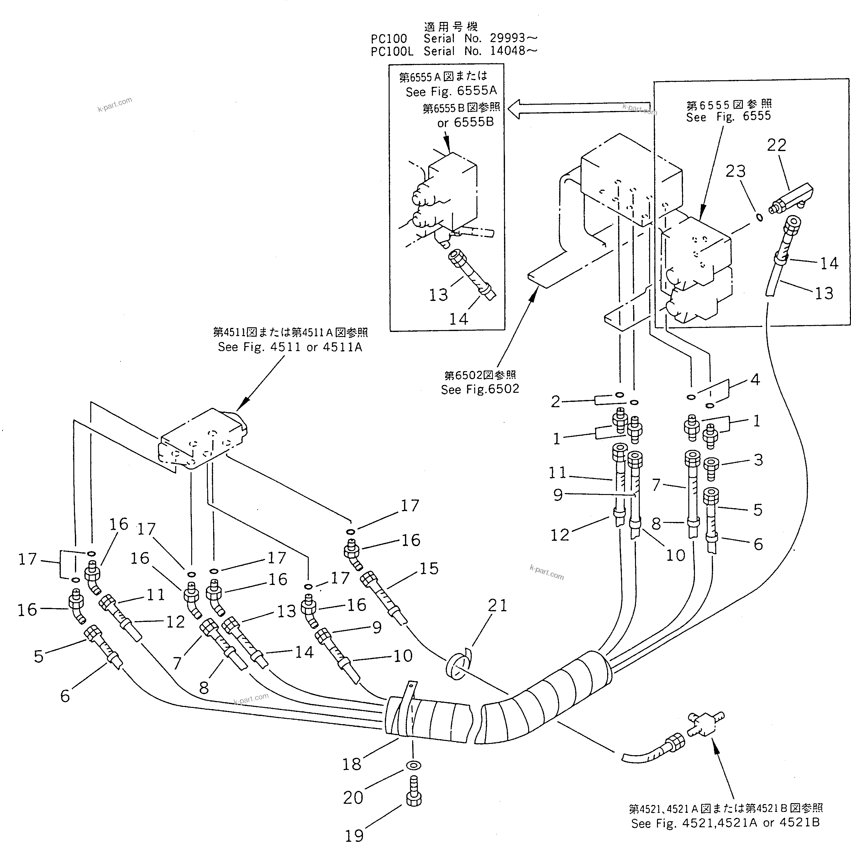 Komatsu parts book diagram for PC100-5 S/N 28001-UP: HYDRAULIC PIPING (WORK EQUIPMENT CONTROL ? R.H.)                  (FOR WRIST CONTROL LEVER)