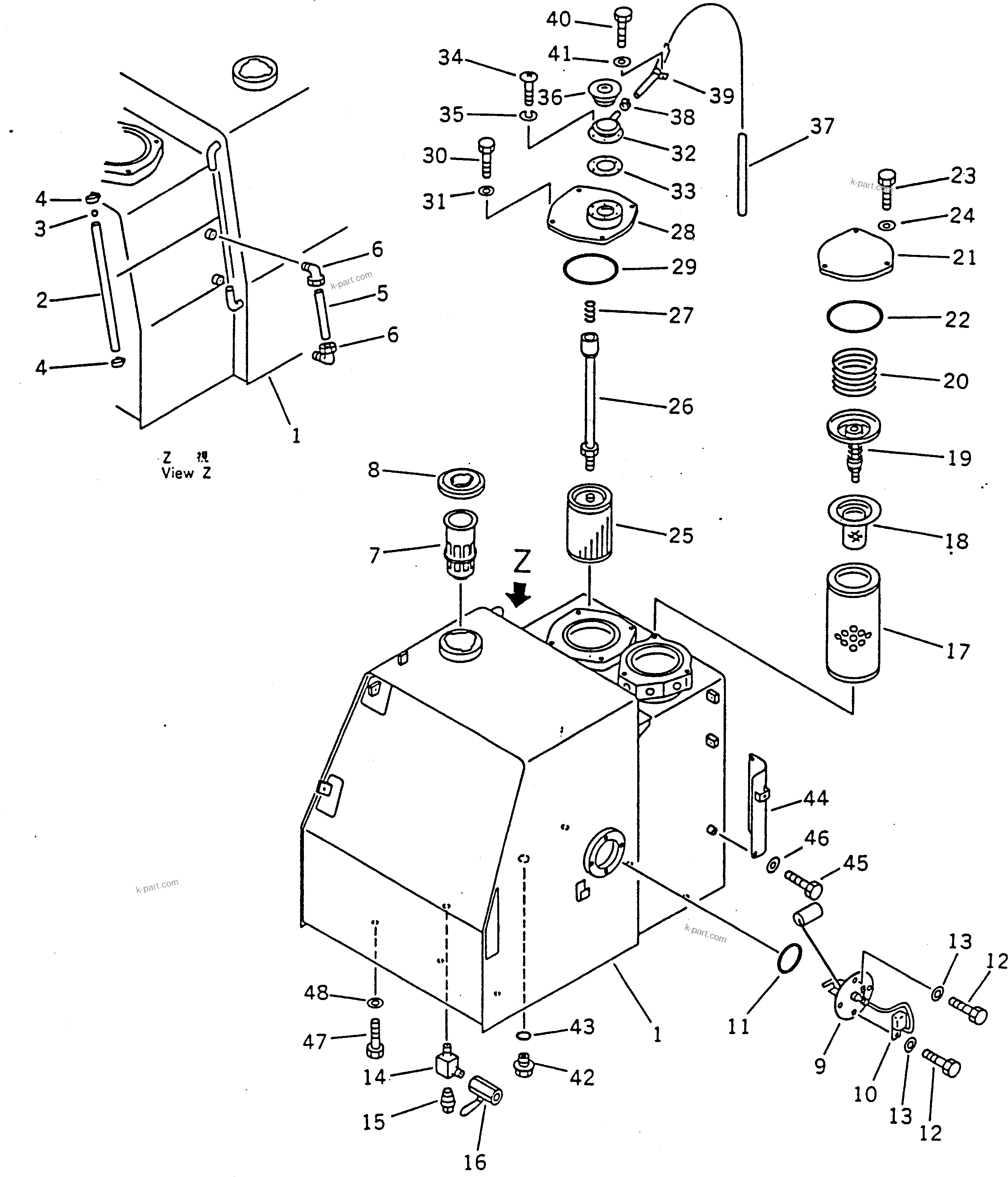 Komatsu parts book diagram for PC100-5 S/N 28001-UP: FUEL AND HYDRAULIC TANK(#28001-29805)