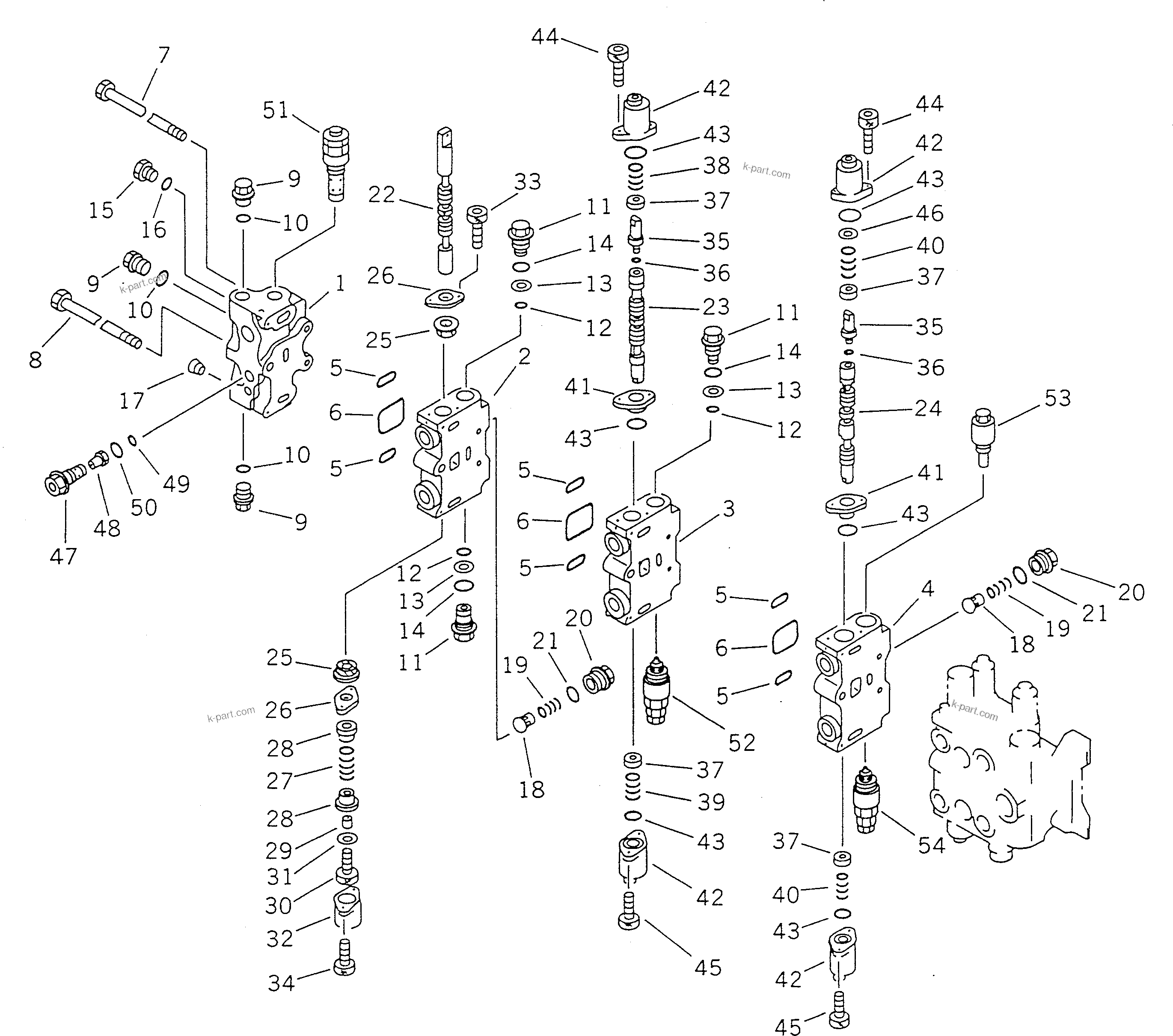 Komatsu parts book diagram for PC100-5 S/N 28001-UP: HYDRAULIC CONTROL VALVE R.H. (1/4) (WITH SERVICE VALVE)(#32402-)