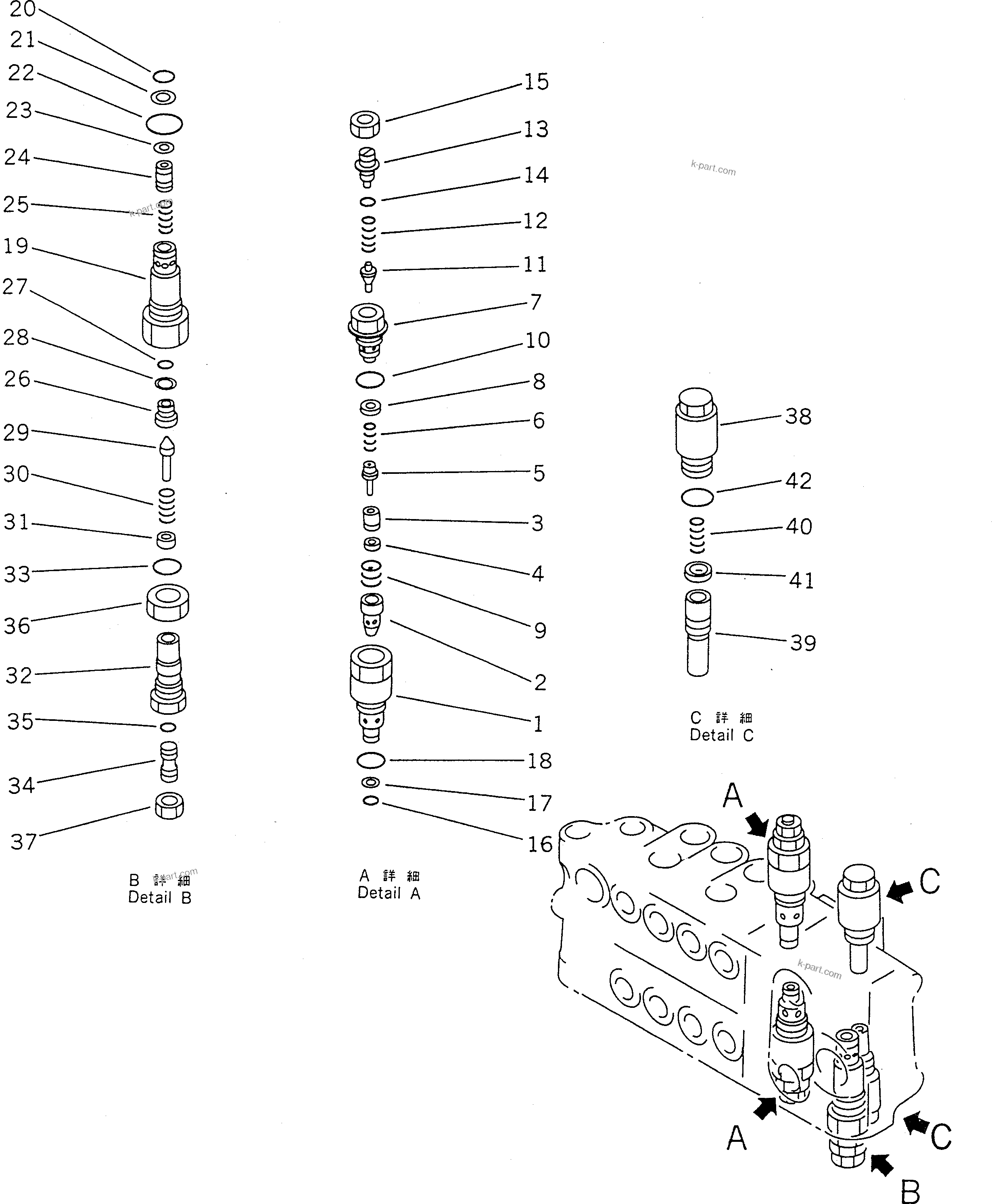 Komatsu parts book diagram for PC100-5 S/N 28001-UP: HYDRAULIC CONTROL VALVE R.H. (4/4) (WITH SERVICE VALVE)(#28001-32401)